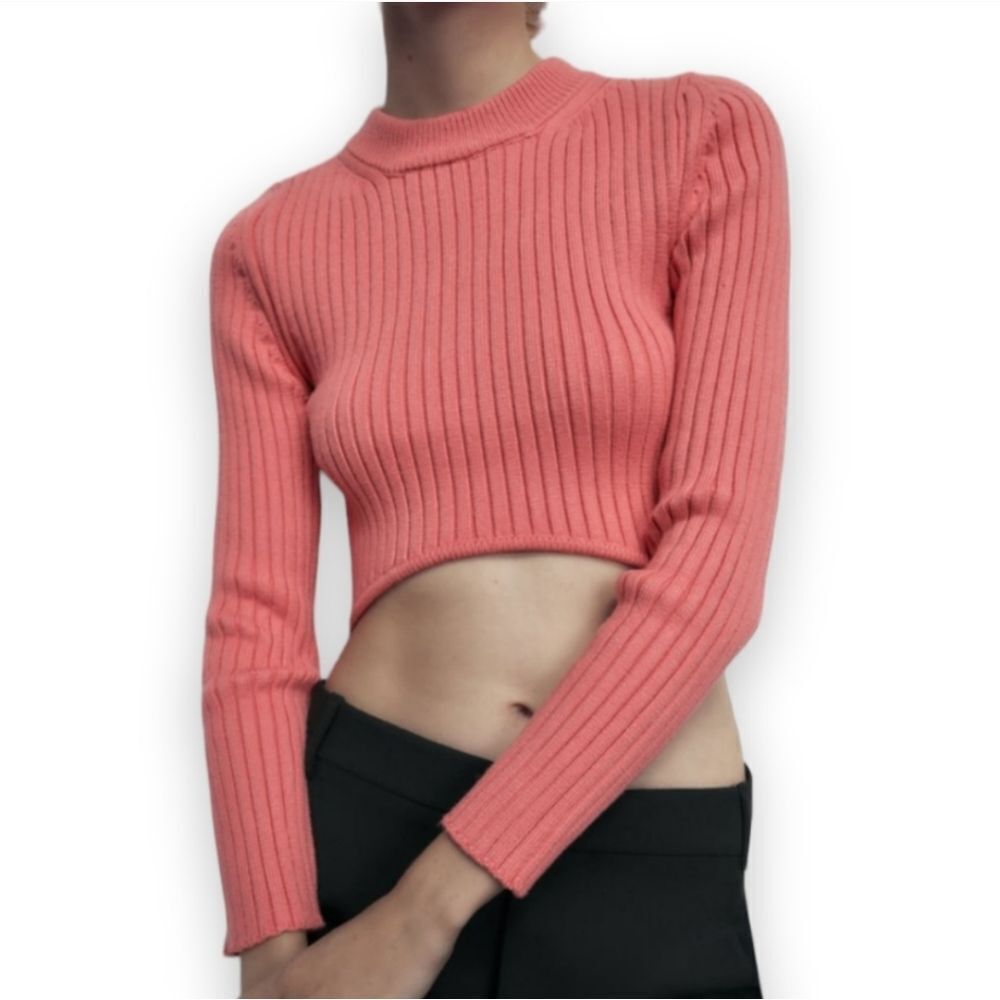 Zara Pink Rounded Hem Cropped Rib Knit Long Sleeve Sweater US L